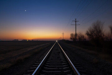 Fototapeta na wymiar Railway track at night dawn. AI Generated