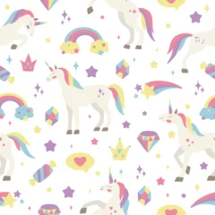 Naadloos Fotobehang Airtex Eenhoorns Seamless vector pattern with cute unicorns on a floral background. Ideal for textiles, wallpapers or prints.
