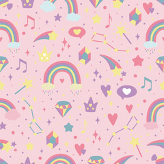 Seamless background with hearts, rainbows, stars, diamonds, crowns. Creative background for nursery. Perfect for kids design, fabric, packaging, wallpaper, textile, apparel.