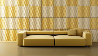 pop-art 3d interior with ochre couch and yellow wall