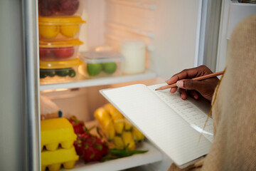 Housewife checking fridge and making shopping list