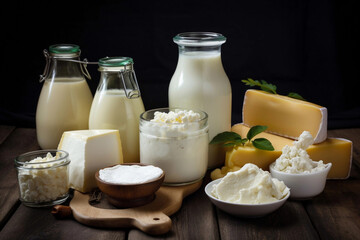 Dairy products. Milk, kefir and cheeses. AI Generated