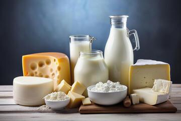 Dairy products. Milk, kefir and cheeses. AI Generated