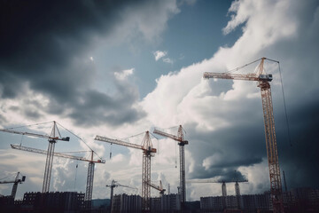 Construction cranes on construction site. AI Generated