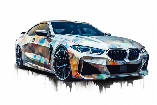 Car isolated on white background watercolor painting art, Sports car drifting, Supercar in multi watercolor art. Gaming art. Ai art.