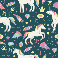 Seamless vector pattern with cute unicorns on a floral background. Ideal for textiles, wallpapers or prints.