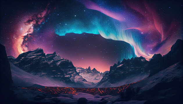 Valley of The Morning Star With Galaxy Stars and Aurora Borealis in Sky Landscape Background AI Generative