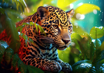 jaguar animal, bright wildlife, vibrant blured background, Generative AI