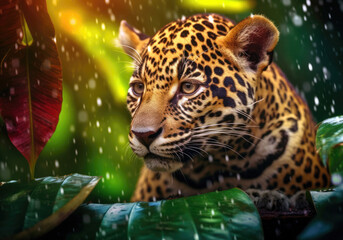 jaguar animal, bright wildlife, vibrant blured background, Generative AI