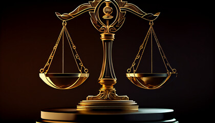 Shiny golden balanced scale in court library background Ai generated image