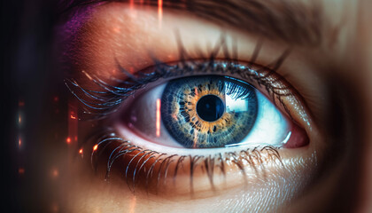 Fototapeta premium Blue eyed woman staring, close up of iris generated by AI