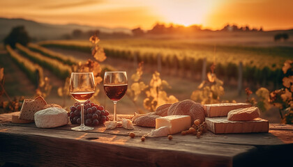 Rustic farm meal: pork, bread, wine, sunset generated by AI