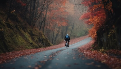 Mountain biking through autumn forest, solo adventure generated by AI