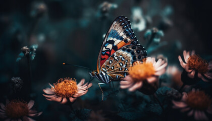 Fototapeta na wymiar Vibrant butterfly pollinates multi colored wildflower in summer generated by AI