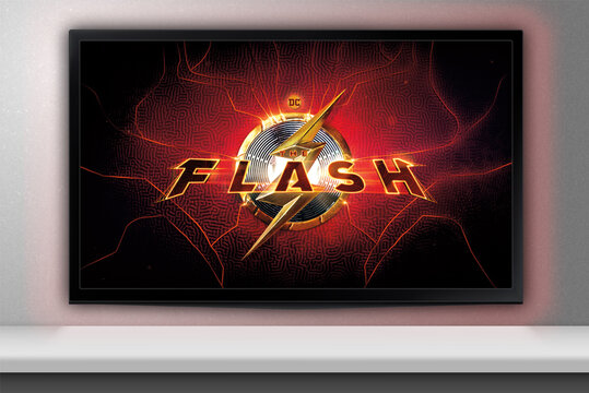 The Flash Movie on TV screen. Moscow, Russia - May, 2023