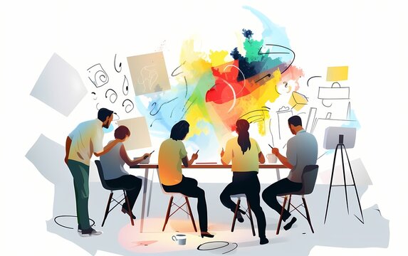 Creativity and innovation of design thinking with a playful and colorful image of a team brainstorming and sketching ideas on a whiteboard Generative ai