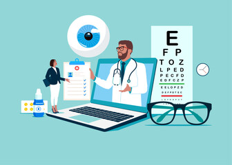 Online Doctor consultate with a patient. Ophthalmological treatment. Eye care and sight diagnostic testing. Modern vector illustration in flat style - obrazy, fototapety, plakaty