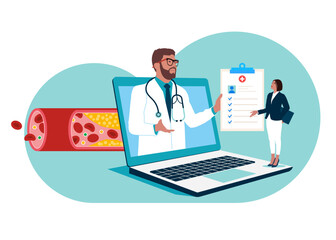 Fototapeta na wymiar Online doctor сonsultate with a patient. Blood vessels and veins from cholesterol and blood cells clot. Internet Medical Hospital Diagnostics. Flat vector illustration