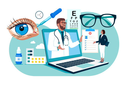 Online Doctor Ophthalmology consultate with a patient. Ophthalmological treatment. Eye care and sight diagnostic testing. Modern vector illustration in flat style