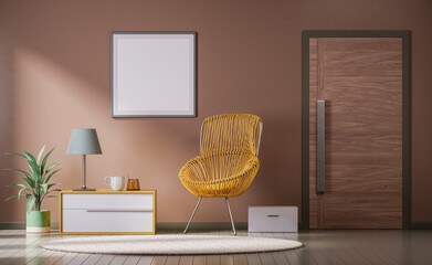Poster frame mockup interior scene. A single square poster frame on the wall. wide shot interior room with furniture and single exterior door. 3d rendering.
