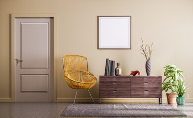 Poster frame mockup interior scene. A single square poster frame on the wall. wide shot interior room with furniture and single exterior door. 3d rendering.