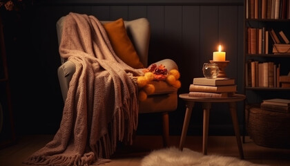 Cozy winter night, illuminated by candle flame generated by AI