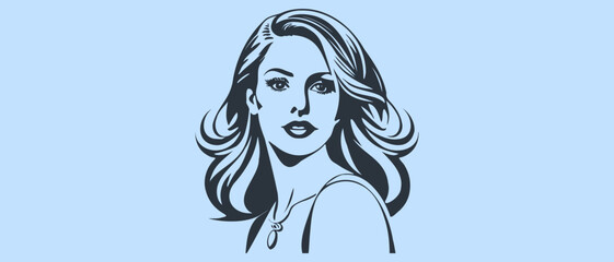 Vector graphic monochrome simple portrait of a young beautiful girl with a medallion. Blue light background. Female stencil with flowing hair.