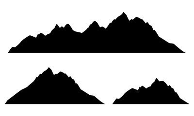 Fototapeta premium Mountain silhouette set. Rocky Mountains black signs. Landscape design element. Vector illustration.