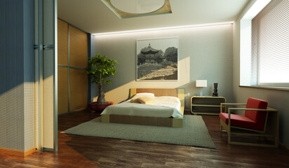 Fototapeta premium japan style bedroom interior 3d rendering
