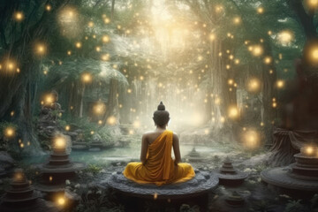 Buddha statue in a zen garden, meditation and Buddhism concept. Generative AI