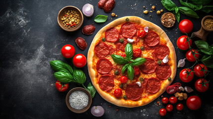 Tasty pepperoni pizza and cooking ingredients tomatoes basil on black concrete background. Generative Ai