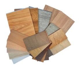 collection of wooden interior material samples swatch contains vinyl flooring tiles, engineering flooring tiles, laminated, veneer isolated on background with clipping path. multi color and texture.