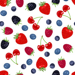 Berry background. Seamless pattern with strawberry, blueberry, bilberry, raspberry and blackberry. Vector cartoon flat illustration.
