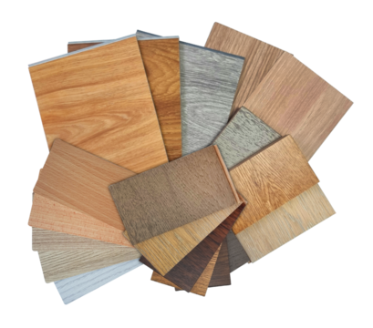 collection of wooden interior material samples swatch contains vinyl flooring tiles, engineering flooring tiles, laminated, veneer isolated on background with clipping path. multi color and texture.