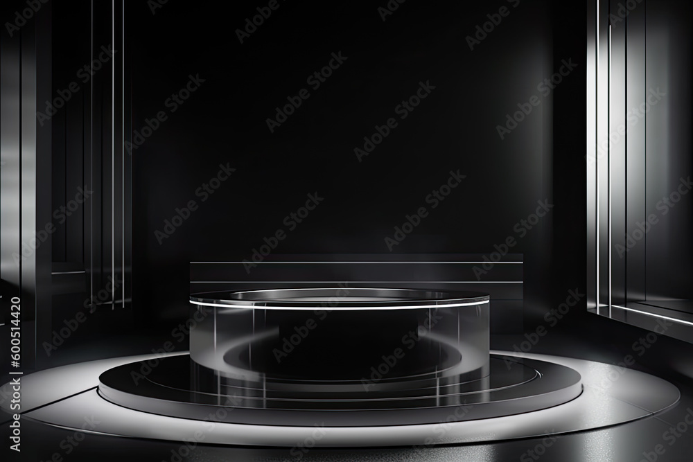 Poster futuristic cyber cylinder podium with white transparent reflections and refractions on dark backgrou