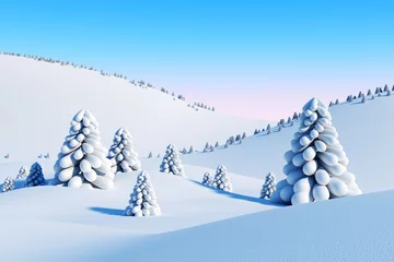 Papier Peint photo Bleu winter landscape with fir trees, 3d rendering