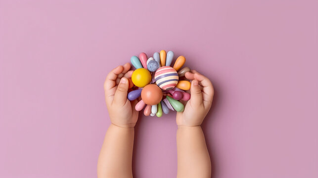 Baby girl hands playing with colorful rattle. Generative Ai