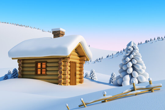 log house and fir-tree in snow-drift mountain landscape