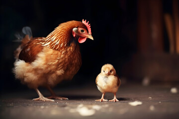 Brown mother hen teaches little fluffy chick. Education and learning, parents and children, teacher and student. Generative AI