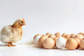 Fototapeta premium White fluffy chick near eggs on white background. Incubator, laying hen, hen. Generative AI