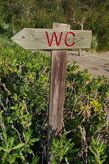 A rustic wooden sign pointing the way to the restroom