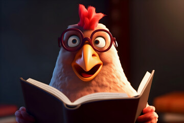 Cartoon white chicken with glasses reading book. Student and learning, self-development. Generative AI, illustration