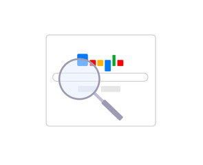 Flat illustration. Google search. Large magnifying glass on the background of the Google homepage