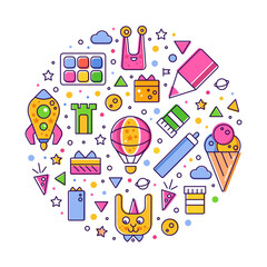 Bright Kids Design with Line Colorful Icons Arranged in Circle Vector Template