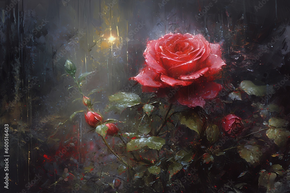 Poster an image depicting a red rose being drenched in rain generative ai