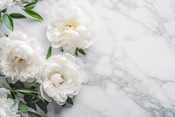 Beautiful white peonies on a white marble background. Flowers holiday romantic background suitable for mothers day, woman's day or valentines day. Flat lay, copy space. Generative ai