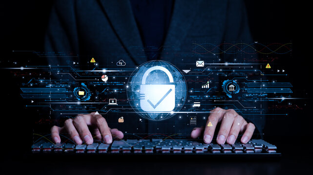 Cybersecurity and privacy concepts to protect data. padlock icon and internet network security technology. Businessman protecting personal data on computer virtual screen, secure internet access,