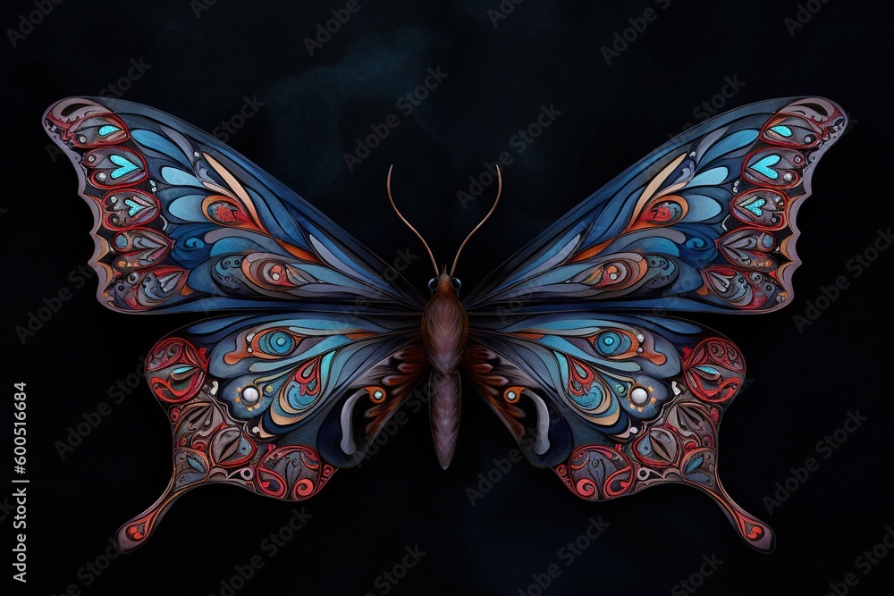 Poster a beautiful butterfly that is covered with ornate patterns all over its wings. generative ai