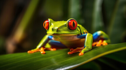 Fototapeta premium Red Eyed Tree Frog on a Leaf with blurred Background. Generative Ai
