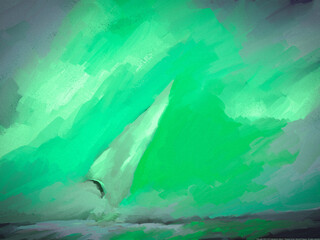 Vibrant, Impressionistic Sunset OR Sunrise Sailboat - Green, Lime, Neon Green, Gray- Digital Painting, Illustration, Art, Artwork Background or Backdrop, or Wallpaper